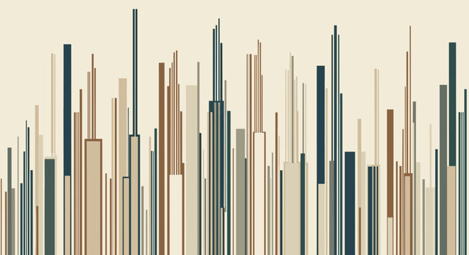 Modern abstract pattern of varying vertical lines in earth tones on a light background, resembling a stylized cityscape or digital data visualization.
