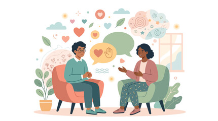 Fototapeta premium An illustration of two people, a man and a woman, sitting in armchairs and having a heartfelt conversation, surrounded by symbols of love, thoughts, and emotions.