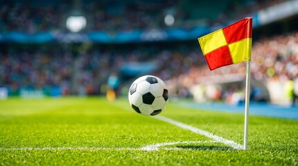 Naklejka premium Soccer ball flying near corner flag on green grass pitch. Professional football match atmosphere in stadium. Sports action competition concept for sports broadcasting and marketing