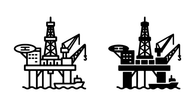 Offshore Oil Rig Icons, Industrial Platform Symbols, Marine Energy Extraction Vector Set