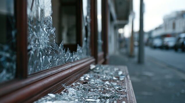 Shattered glass litters a storefront window and ledge on a street
