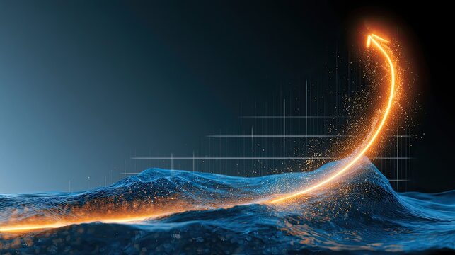 Glowing orange arrow charts upward trajectory over undulating abstract landscape