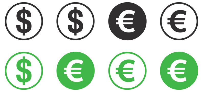 Currency icon set, dollar euro pound yen financial symbols minimalist money graphics for banking applications, fintech dashboards, investment platforms, and modern financial presentation design 
