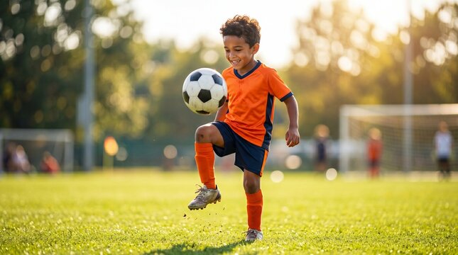 Little boy playing soccer on field. Child learning to kick football ball during training. Active kid athlete having fun outdoors. Sport lifestyle and healthy activity for young youth