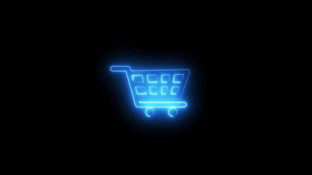 motion graphic of a glowing blue neon shopping cart icon moving horizontally on a dashed line over a black background. Ideal for e-commerce, online retail,