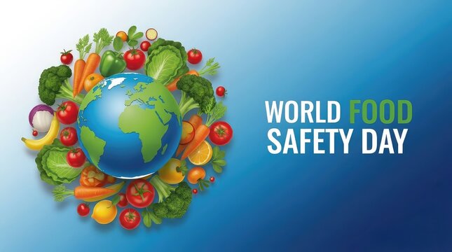 World Food Safety Day creative background showing planet earth surrounded by a colorful wreath of fresh vegetables