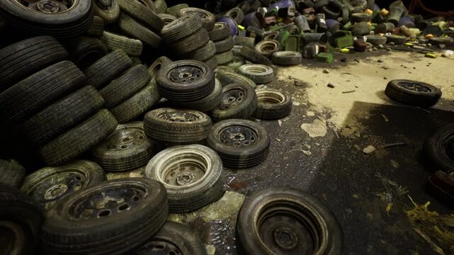 Neatly arranged tires forming potential resource bank for upcycling and creative reuse, textured surfaces and rims visible, conveys maker economy, zero waste