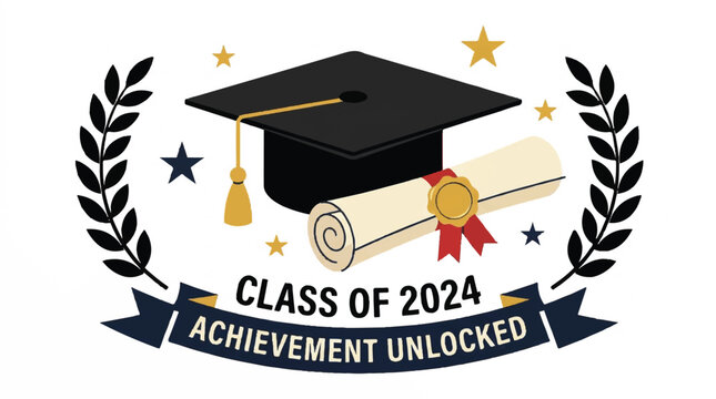 Graphic of a Graduation Celebration Emblem Featuring a Cap, Tassel, and Laurel Wreath for the Class of 2024.