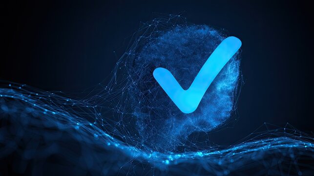 Abstract blue checkmark inside a glowing digital head silhouette