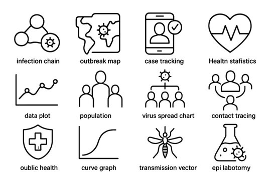Epidemiology icons: infection, data, health statistics, population tracking