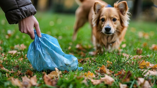 Cleaning up after a pet with a biodegradable dog waste bag on green grass