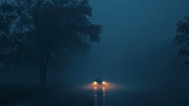 Car headlights pierce thick fog on a wet, tree-lined road at dusk