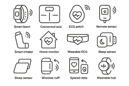Wearable health technology icons for remote monitoring and data synchronization