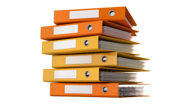 Stack of orange and yellow ring binders with white labels