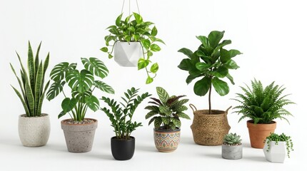 Fototapeta premium Minimalist indoor houseplant collection on white background, lush green tropical potted plants, modern botanical home decor set with monstera and fiddle leaf fig