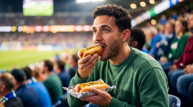 Man eating hot dog at football stadium. Spectator enjoying snack during soccer match. Sports fan watching game competition from tribunes at night. Leisure time activity entertainment