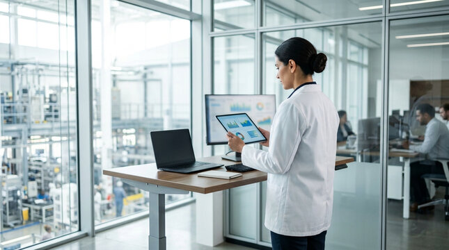 Female scientist in a white lab coat stands at a height-adjustable desk, using a tablet to analyze data charts in a modern office overlooking an industrial manufacturing plant.