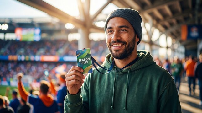 Man holding season pass at football stadium. Excited fan showing membership badge during sports event. Professional league match attendance and exclusive stadium access card concept