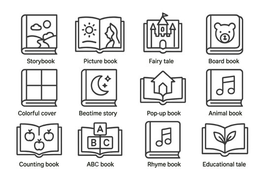 Set of book icons: storybook, picture book, fairy tale, and more
