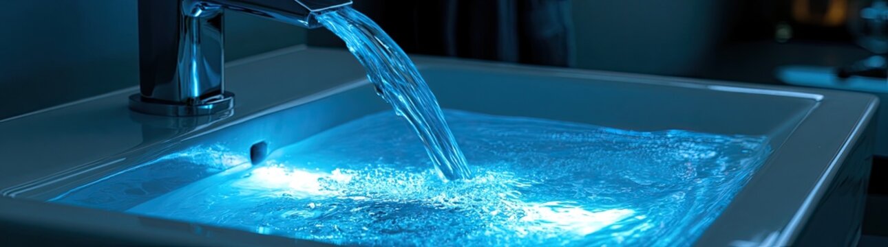 Elegant modern sink with illuminated blue water cascade