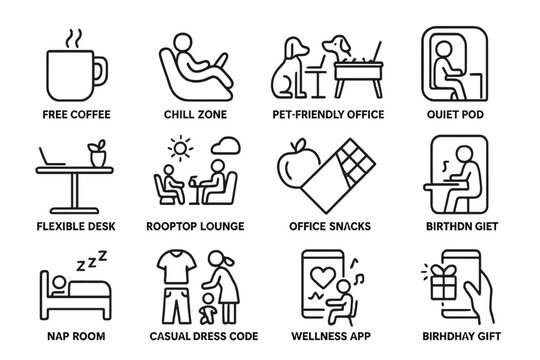 Office amenities icons: coffee, lounge, pet, quiet, desk, snacks, gift, dress code