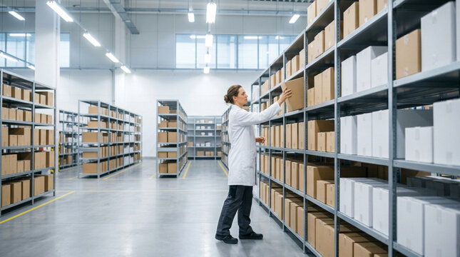 Female warehouse worker in white lab coat reaching for a cardboard box on a tall metal shelving unit in a large, modern distribution center or pharmaceutical storage facility.