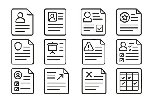 Icon set featuring documents, profiles, shields, warnings, and checklists