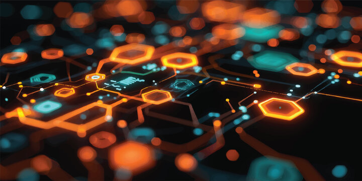 An abstract digital technology background featuring a vibrant blue electronic circuit board, fiber optics with bright light spots, and macro details of semiconductor chips and hardware components