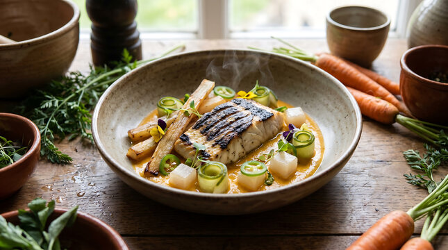 Barbecued Turbot with Palm Nut Cream and Crab Sauce