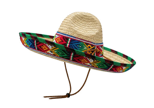 Traditional mexican sombrero hat made of woven straw with a colorful embroidered geometric pattern trim and a chin cord, isolated on black