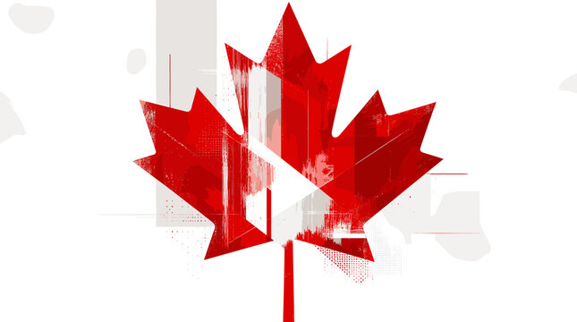A stylized red maple leaf, a prominent symbol of Canada, is displayed against a white background with abstract white shapes and lines.