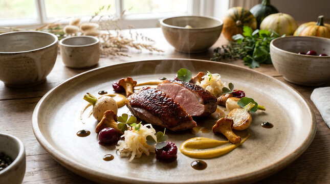 Hay Aged Pigeon with Girolles and Cherry Gastronomy