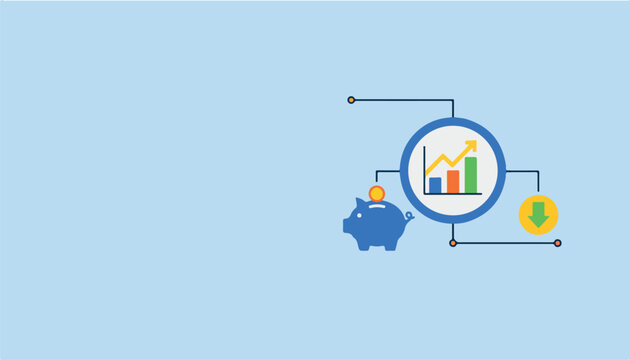 Financial growth and savings concept with piggy bank, bar chart showing increase and decrease, and coin icon on light blue background