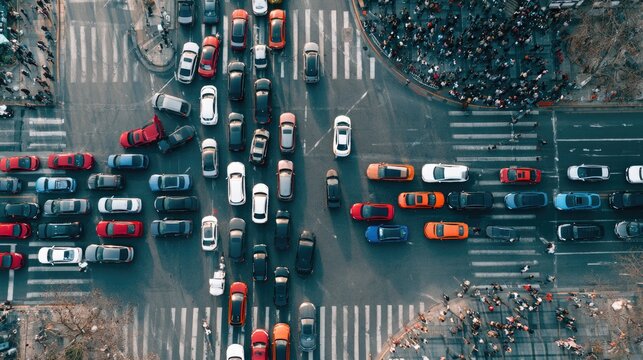 Aerial view of a busy intersection with cars, pedestrians, and crosswalks