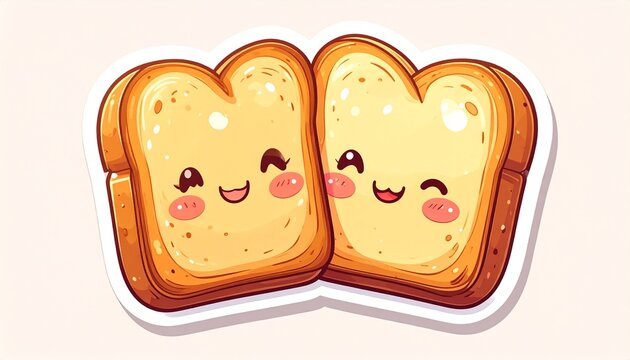 Adorable cartoon sticker illustration depicting a cute toast bread couple embracing with happy smiling faces, exuding warmth, friendship, and delightful breakfast charm