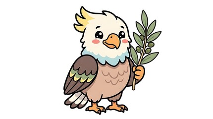 Naklejka premium Cute cartoon eagle holding a green olive branch on white background