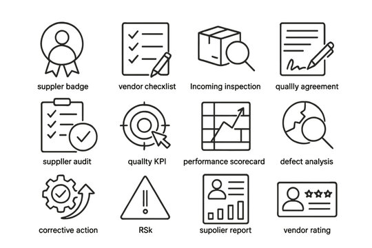Quality control icons for supplier management and performance analysis