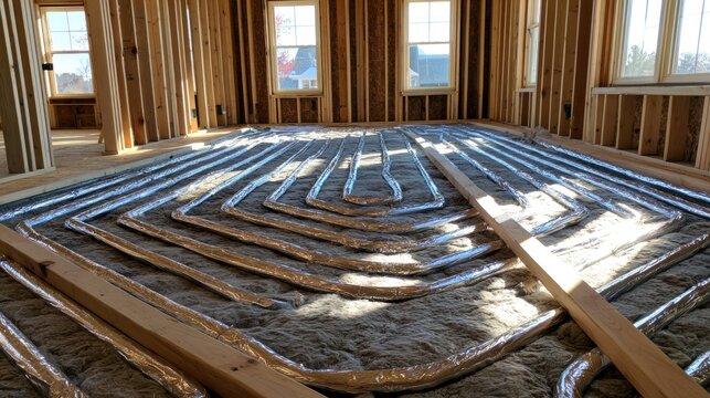 Radiant floor heating pipes laid in insulated subflooring of a new home