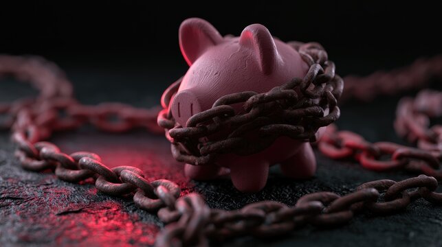 A pink piggy bank is tightly bound by thick, rusty chains