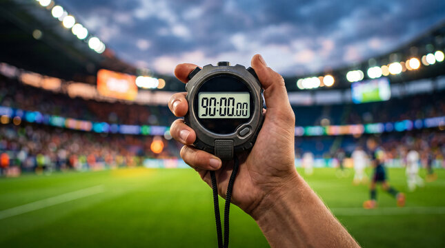 Stopwatch showing ninety minutes in the hand of a referee at a football stadium. Timing the end of a professional match. Concept of final score and critical game momentum in sports