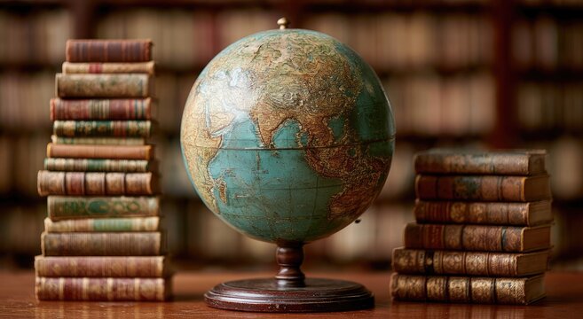 Antique globe stands between stacks of aged books on a wooden surface