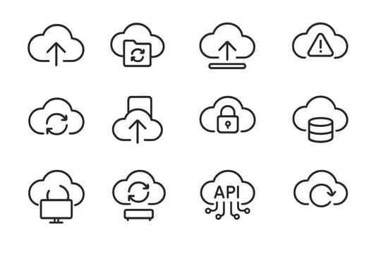 Cloud computing icons: upload, sync, security, database, api, error