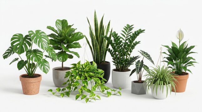 Minimalist indoor houseplant collection, variety of green potted plants on white background, modern home garden decor with monstera and fiddle leaf fig