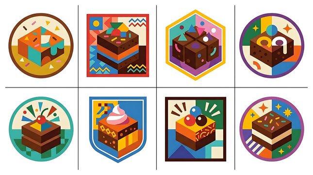 Set of flat design isometric cake icons in colorful geometric frames