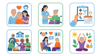 Fototapeta premium Senior Care and Elderly Support Services Illustration Set.