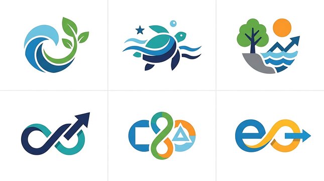 Collection of modern flat design logos featuring nature growth and infinity symbols in blue green and orange