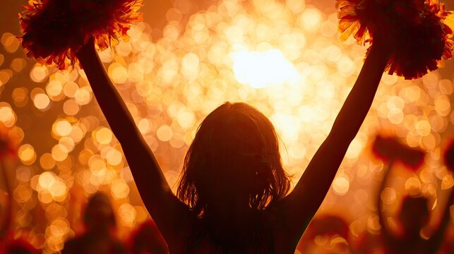Silhouette of a person holding pom-poms against a dazzling bokeh background