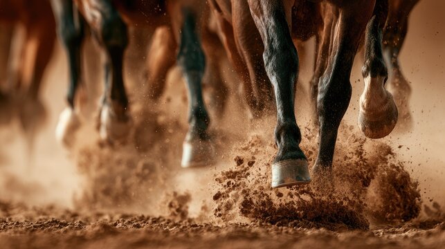 Powerful hooves kick up dust as horses gallop powerfully
