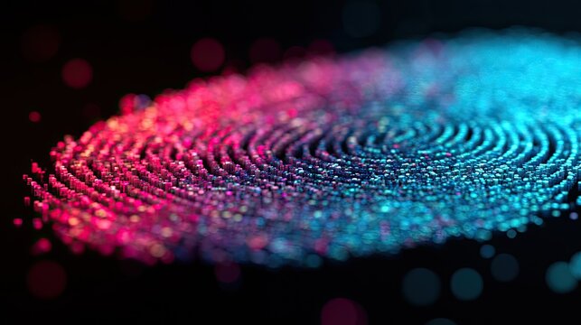 Abstract glowing particulate fingerprint, split by red and blue light