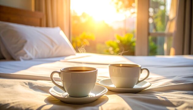 Coffee cups on a bed bathed in the bright morning sun through window, bedding is white